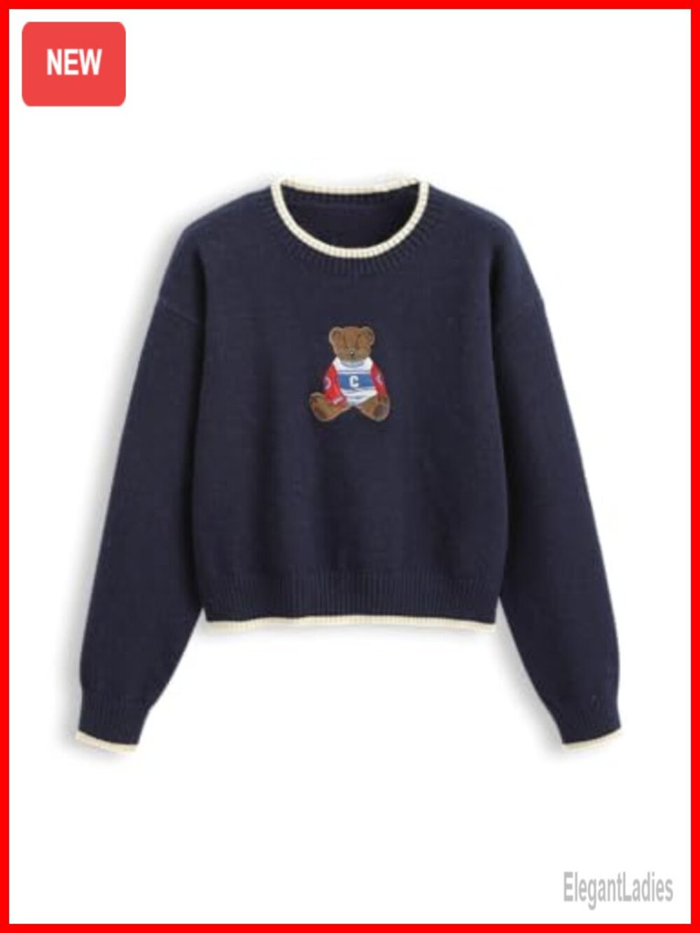 Women's Cropped Crewneck Pullover Sweater Long Sleeve Bear Graphic